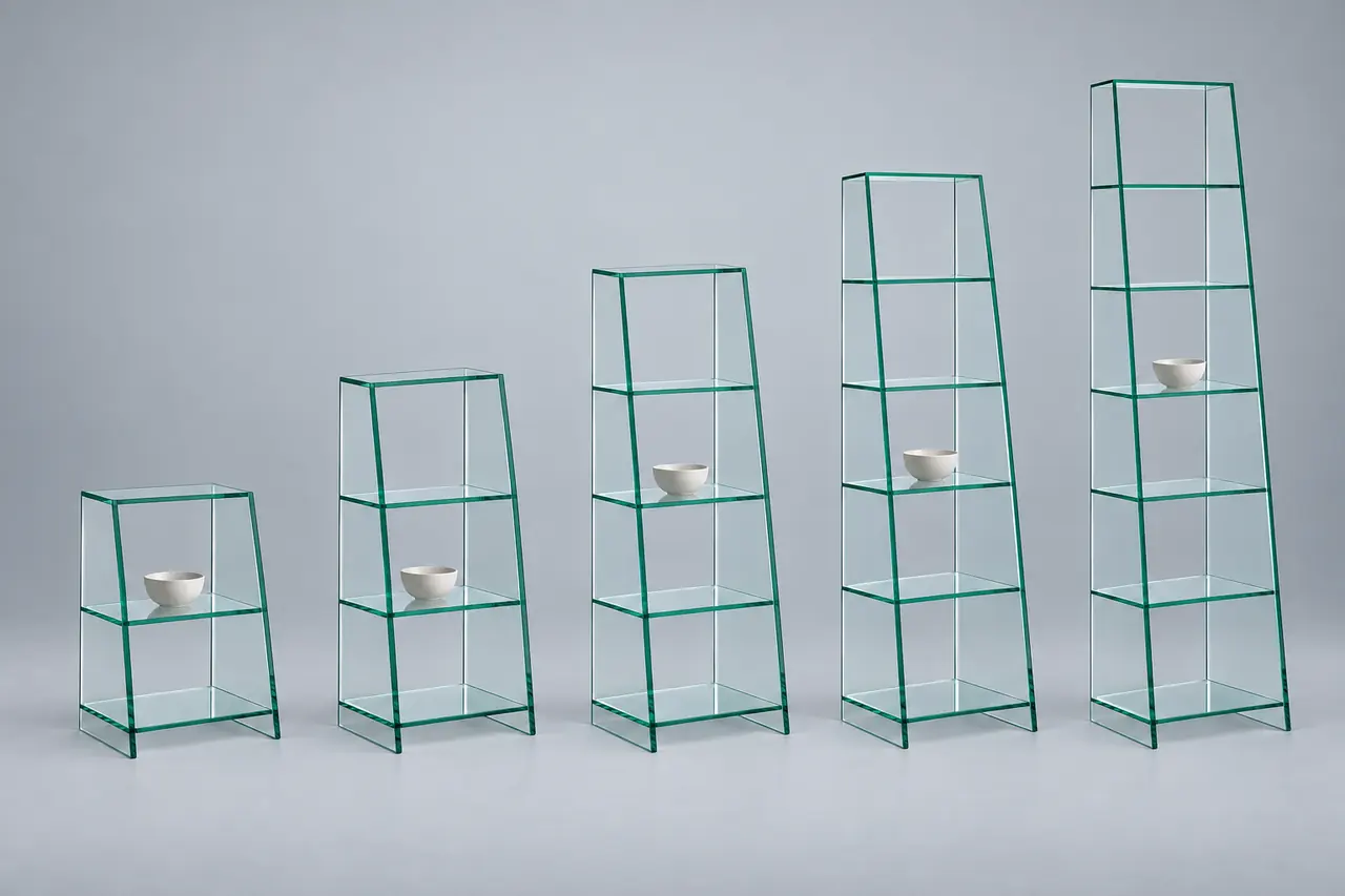 TOURELLE · Schmales schräges Regal · Floatglas · fünf Höhen im gemeinsamen Maßstab · Materialillustration