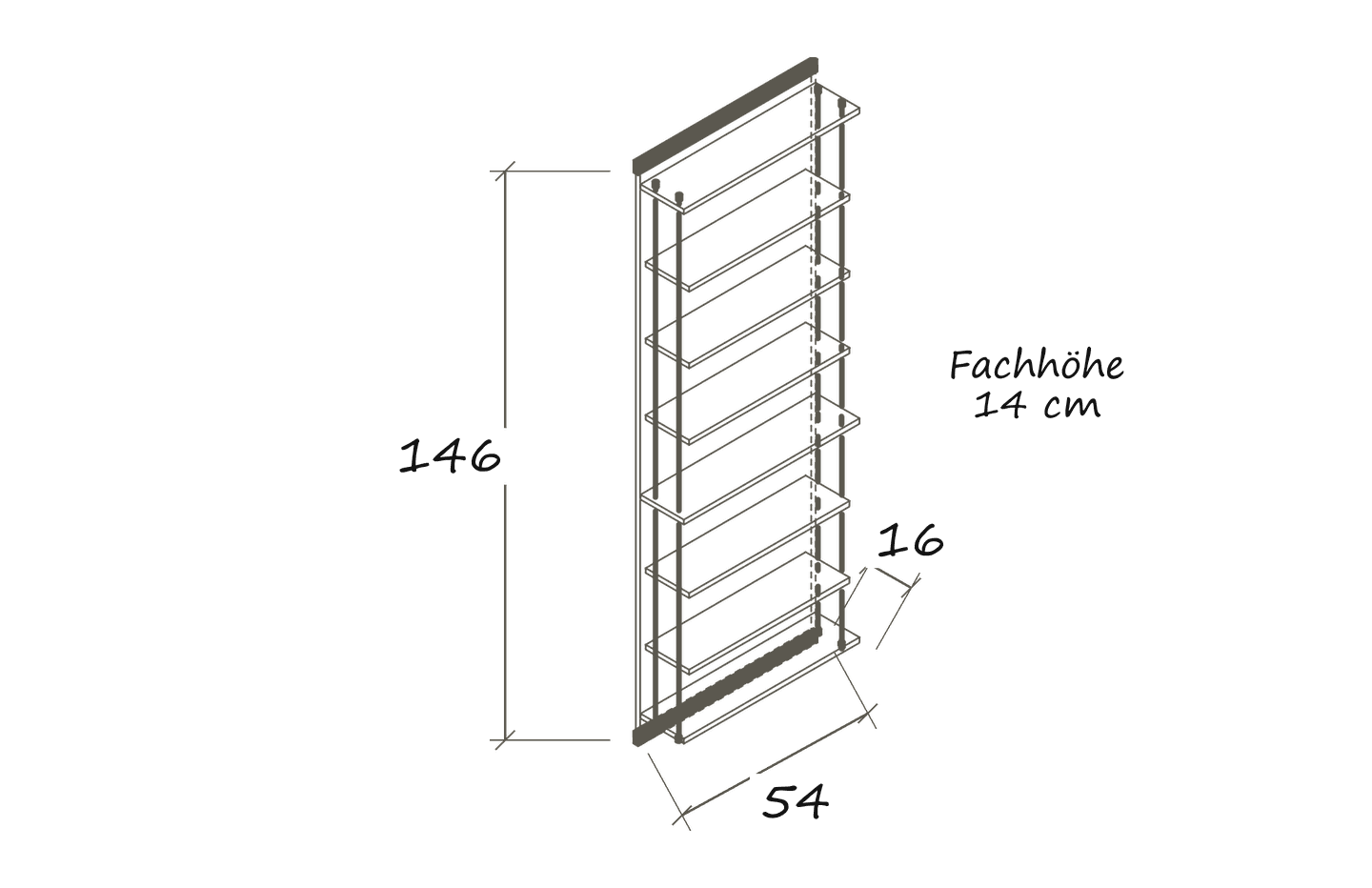 Isolated dimension drawing CD 432: 54 × 16 × 146 cm · Clear compartment height: 14 cm