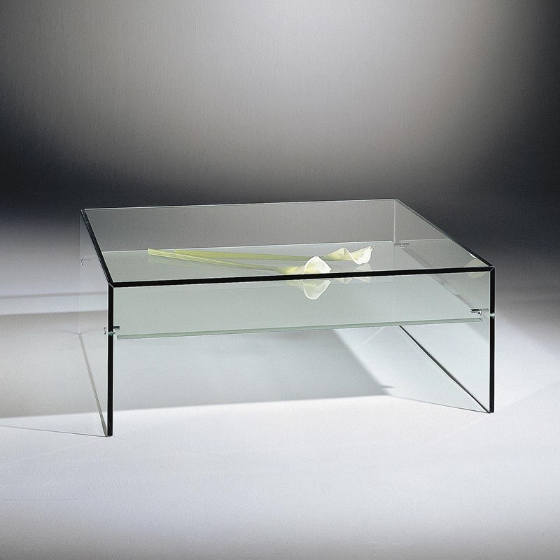 Edler Couchtisch aus Glas ARCADIA von DREIECK DESIGN: ARCADIA 11 - FLOATGLAS - Zwischenplatte satiniert - Bodenträger glänzend verchromt