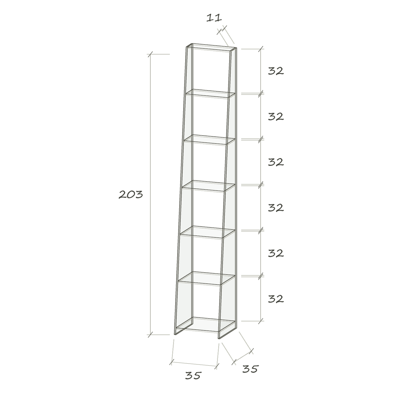 T V S · 35 × 35 × 203 cm · Schräg · 35 cm breit · Maße in cm
