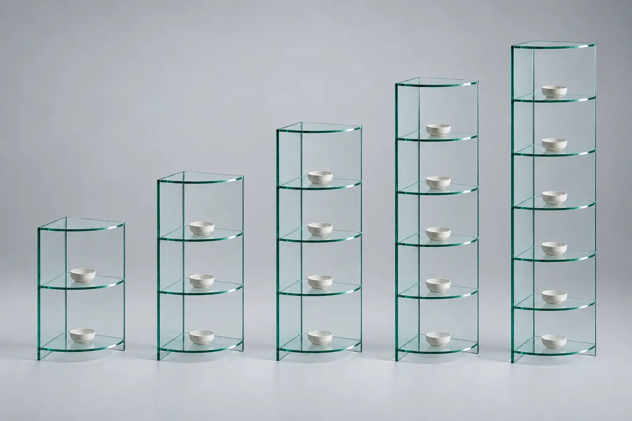TOURELLE · Eckregal · Floatglas · fünf Höhen im gemeinsamen Maßstab · Materialillustration