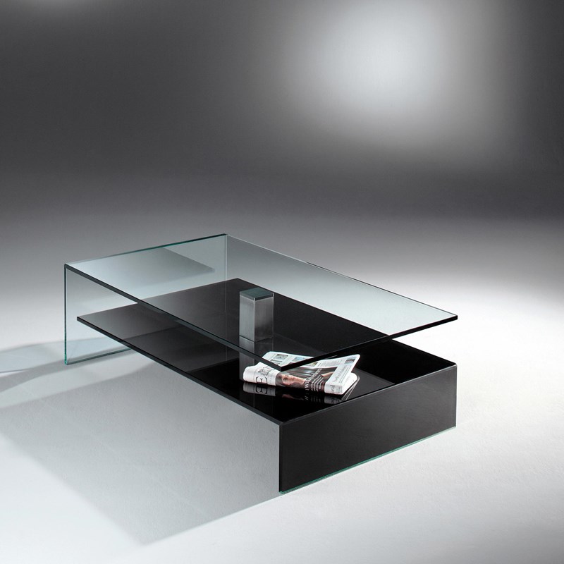 Glass coffee table NUO by DREIECK DESIGN: NUO 27 - FLOATGLASS - lower angle color jet black - middle column stainless steel brushed