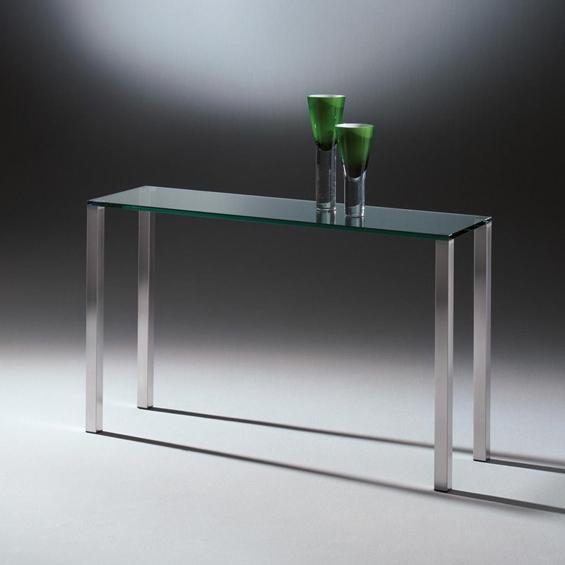 Glass console table QUADRO by DREIECK DESIGN: Q2372 - FLOATGLASS clear - table feet stainless steel brushed