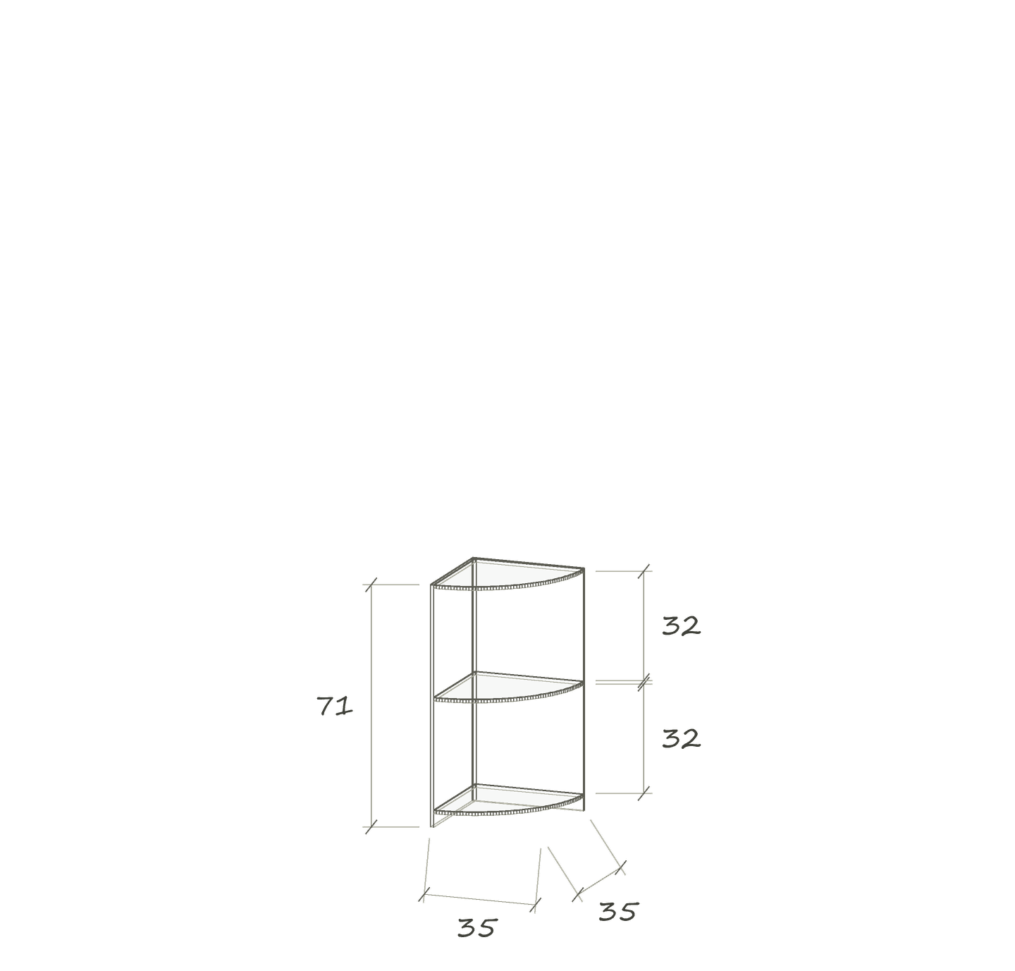 T I E · 35 × 35 × 71 cm · Viertelkreis · Eckregal · Maße in cm