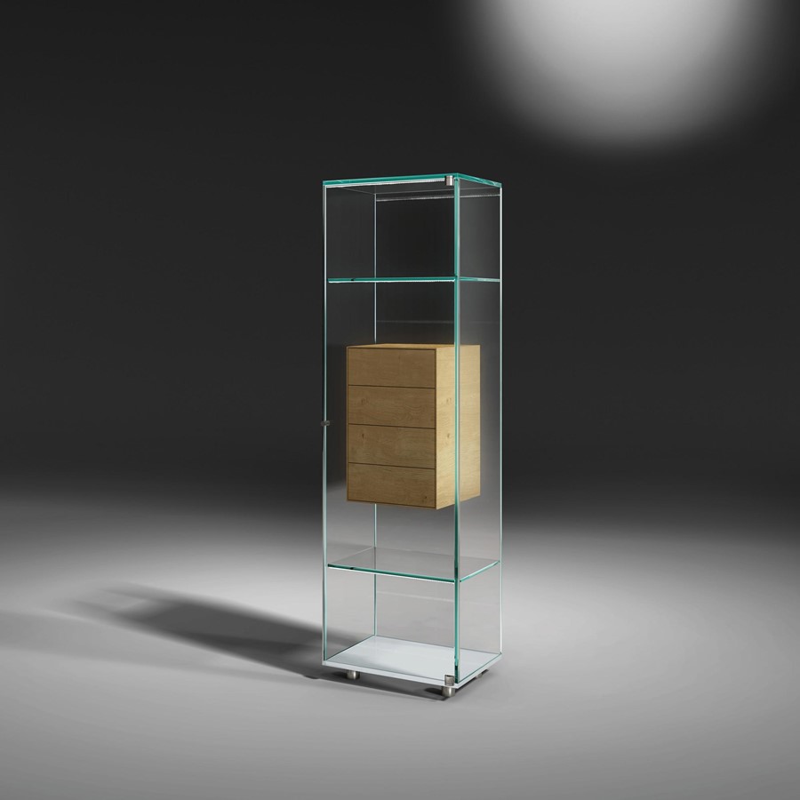 Glasvitrine SOLUS FLY mit Schubladenelement aus Eiche und beleuchteten Glasfächern