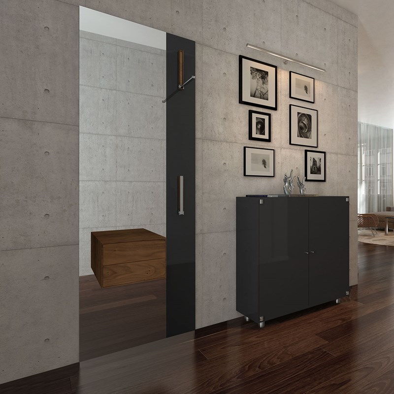Wardrobe with drawers FLY by DREIECK DESIGN - 200 x 31 x 85 cm - anthracite grey lacquered - drawers solid wood walnut (on the right side glass cabinet SHINE)