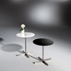 Glass side table LIDO by DREIECK DESIGN: round OPTIWHITE color pure white + jet black - base stainless steel brushed