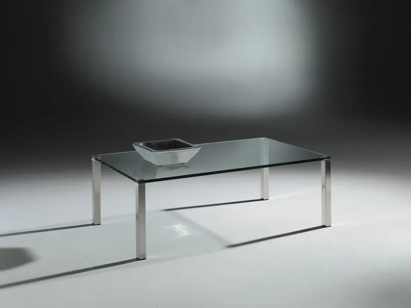 Glass coffee table with stainless steel legs QUADRO by DREIECK DESIGN: Q 2740 - Floatglas Clear - Table legs brushed stainless steel