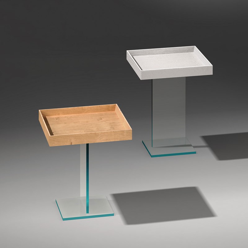 Glass side table COPAIN with removable wooden tray in oak / white colored