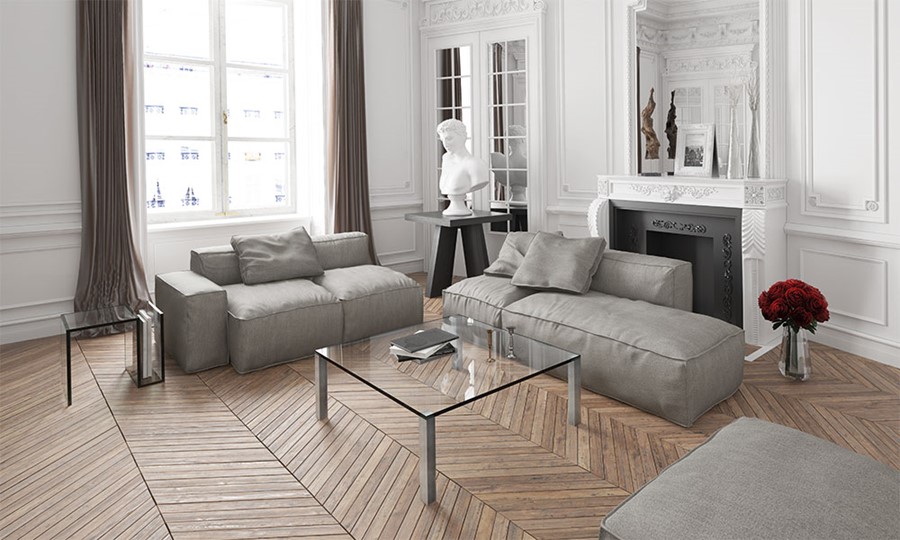Wohnzimmer mit modernem Couchtisch QUADRO aus Glas und Edelstahl von DREIECK DESIGN