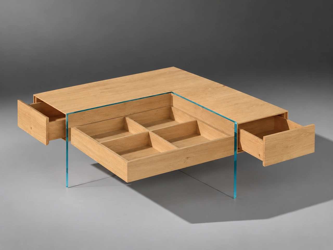 MONUMENT · Oak · Tray removed, compartments and drawers open · Material illustration