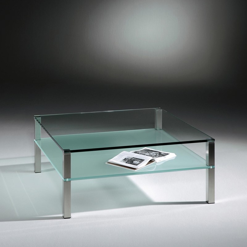 Glass coffee table QUADRO DOUBLE by DREIECK DESIGN: Qd 9942 - FLOATGLASS - intermediate plate satinated - table feet stainless steel brushed