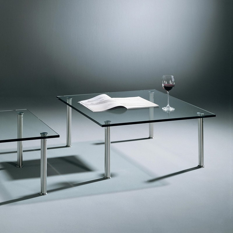 Glass cocktail table SIRIUS by DREIECK DESIGN:  S 7740 + 9940 - FLOATGLASS clear - straight corners - table feet stainless steel brushed