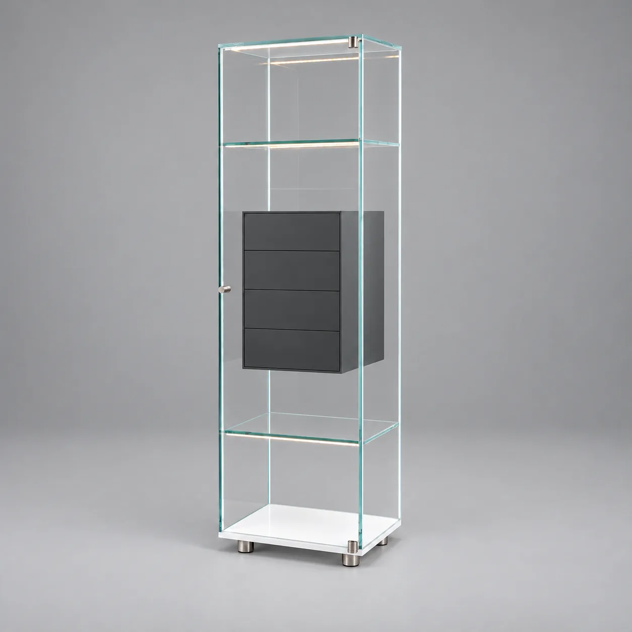 SOLUS FLY · Optiwhite · lackiertes MDF · Rückwand klar · Materialillustration
