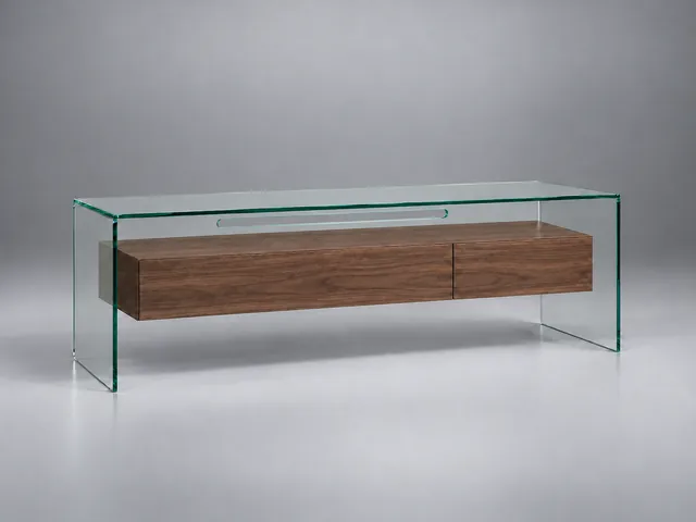 FLY TV 127 · Floatglas Nussbaum · matt lackiert · Materialillustration