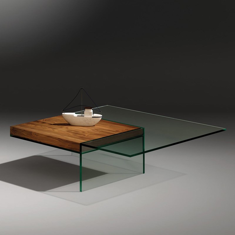 Glass cocktail table SERVA by DREIECK DESIGN: SERVA 97 - floatglass - tray walnut