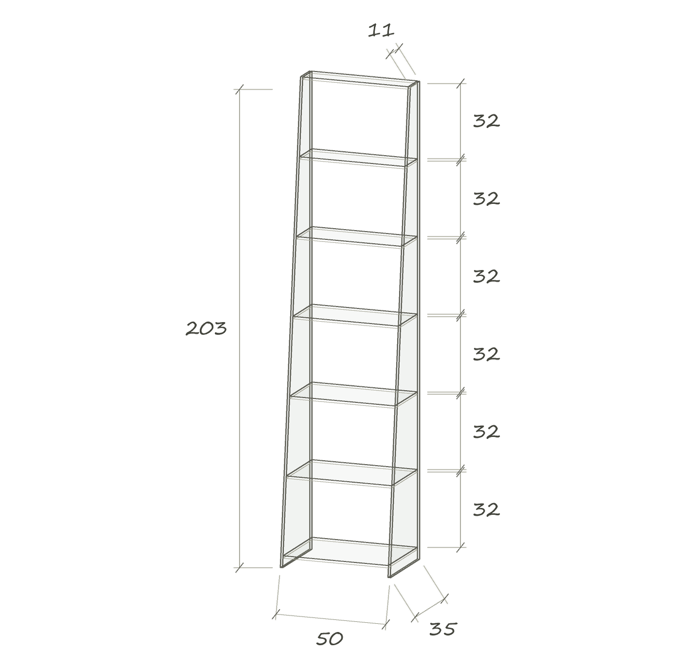 T V Sb · 50 × 35 × 203 cm · Schräg · 50 cm breit · Maße in cm