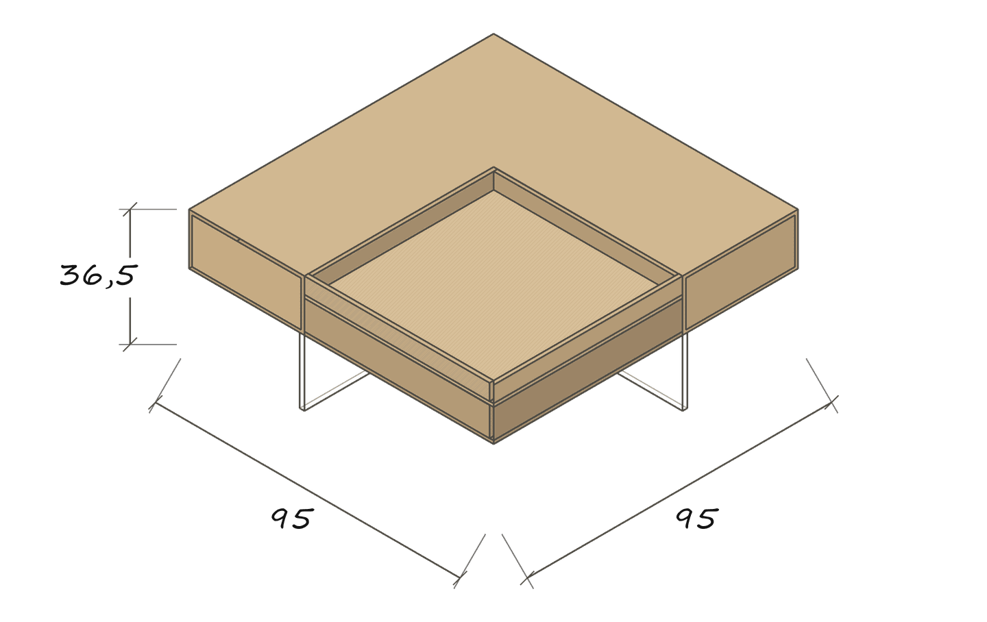 MONUMENT dimension drawing · Tray rim facing upwards · Compartments beneath