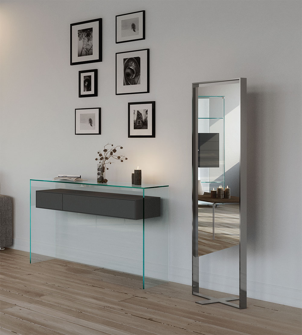 Flur gestalten - Designermöbel von DREIECK DESIGN - Glaskonsole Fly und Standspiegel GIOLINA
