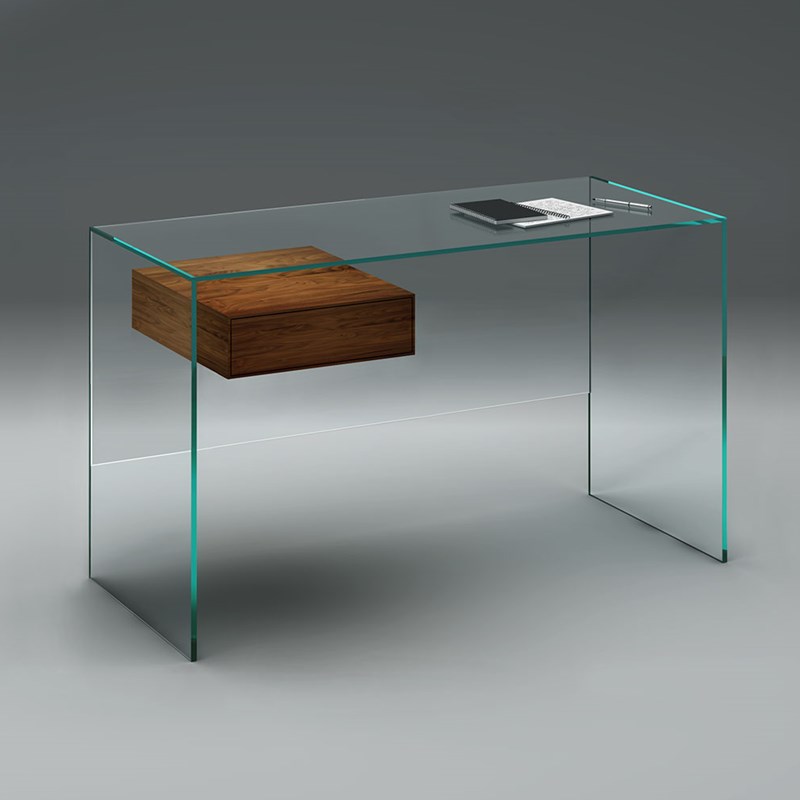 Glass desk FLY by DREIECK DESIGN - glass Optiwhite - drawer solid wood walnut