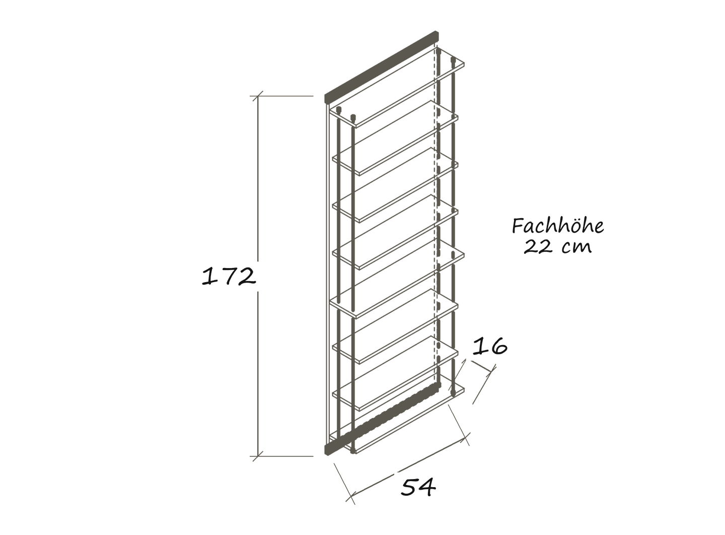 Isolated dimension drawing BOOKLET: 54 × 16 × 172 cm · Clear compartment height: 22 cm
