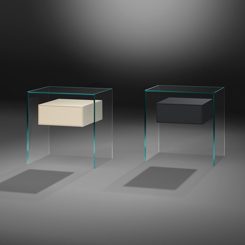 Glass nightstand PURE FLY by DREIECK DESIGN: Optiwhite glass - drawer lacquered pearl white + anthracite grey
