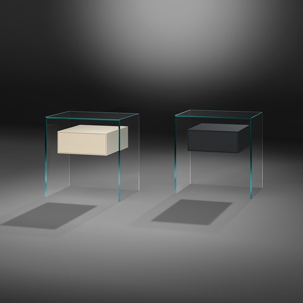 Moderner Glasnachttisch PURE FLY mit schwebender Schublade von DREIECK DESIGN