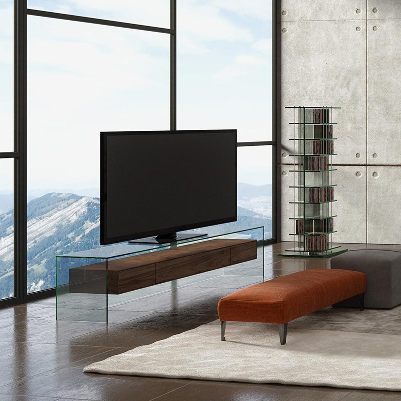Modern TV stand made of glass with a solid wood drawer department in walnut - FLY 162 Floatglass - drawers solid wood walnut