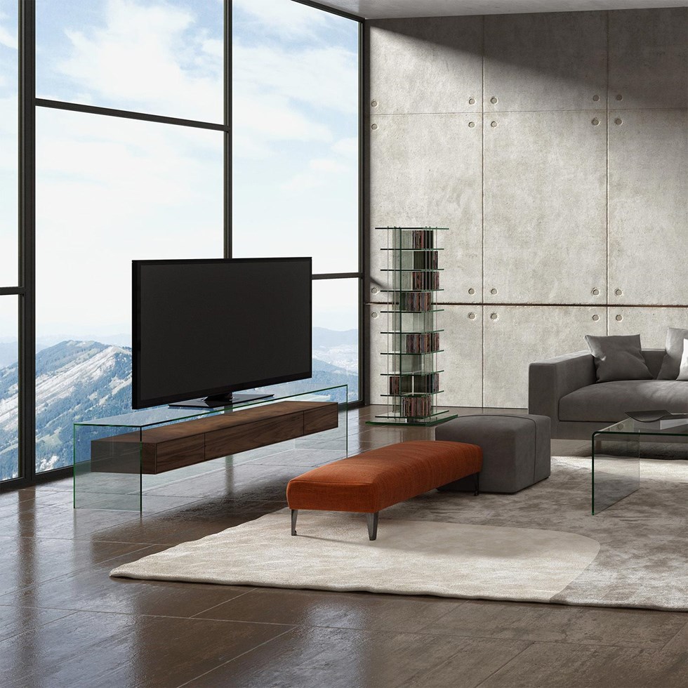 TV Tisch aus Glas mit Holzschublade FLY