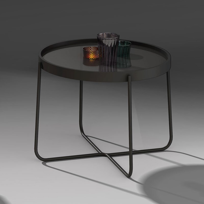 Side table made of glass and metal ELLA by DREIECK DESIGN: frame completely black powder-coated, table top Parsol grey