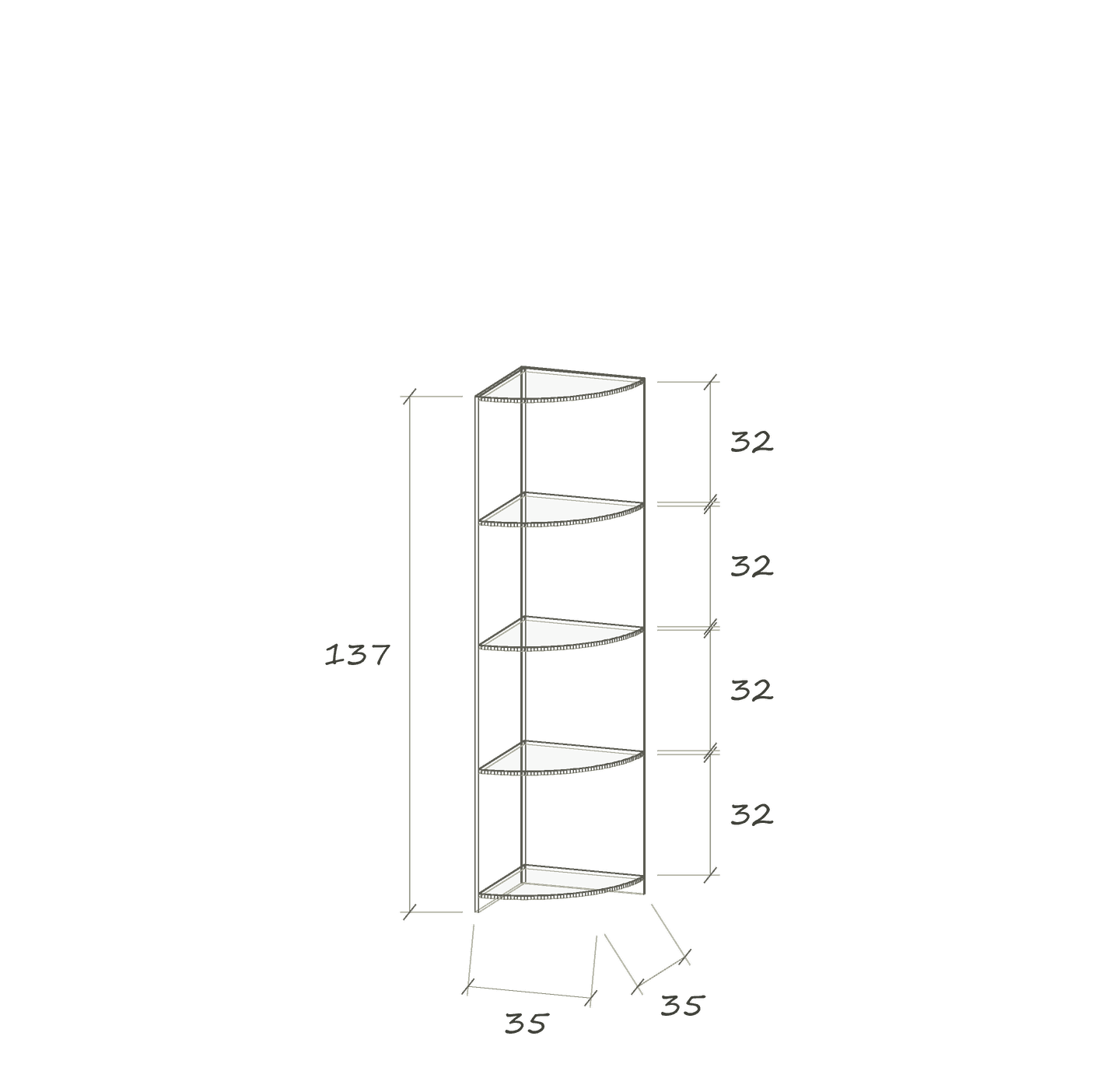 T III E · 35 × 35 × 137 cm · Viertelkreis · Eckregal · Maße in cm