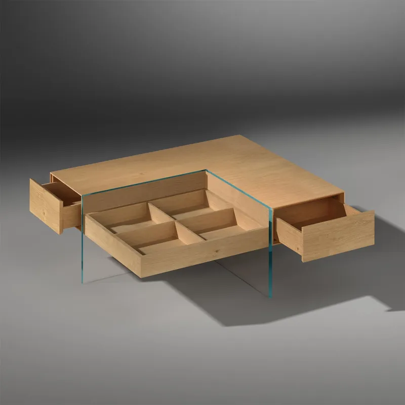 MONUMENT coffee table with two drawers and a reversible tray · Solid oak · 95 × 95 × 36.5 cm