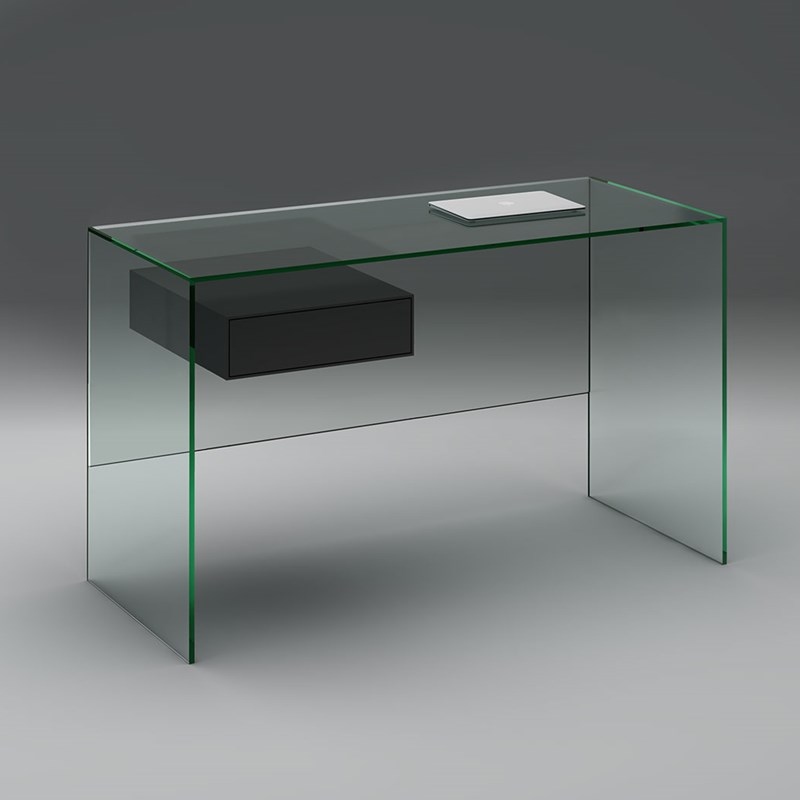 Glass desk FLY by DREIECK DESIGN - Floatglass - drawer solid wood lacquered silk-mat anthracite grey