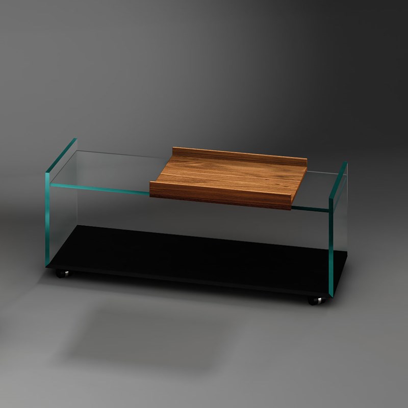Rollbarer Glascouchtisch mit Holztablett SERVA von DREIECK DESIGN: TRAY 100 - Optiwhite - color tiefschwarz - abnehmbares Tablett Nussbaum 