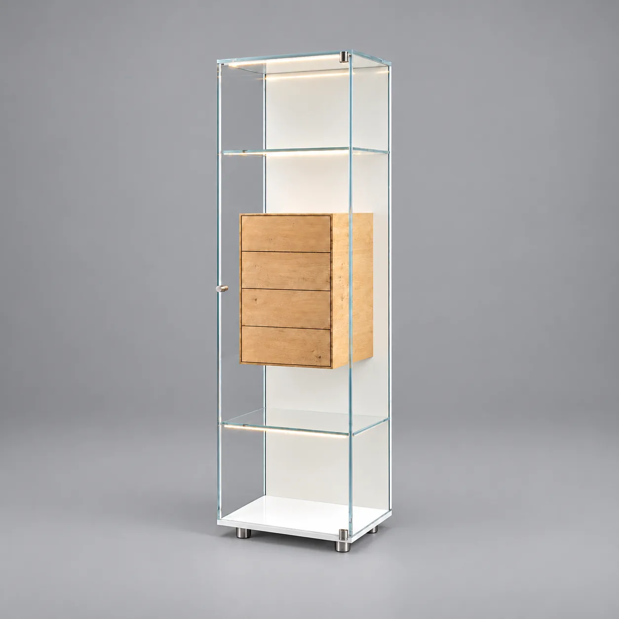 SOLUS FLY · Optiwhite · Eiche massiv · Rückwand Samtcolor weiß · Materialillustration