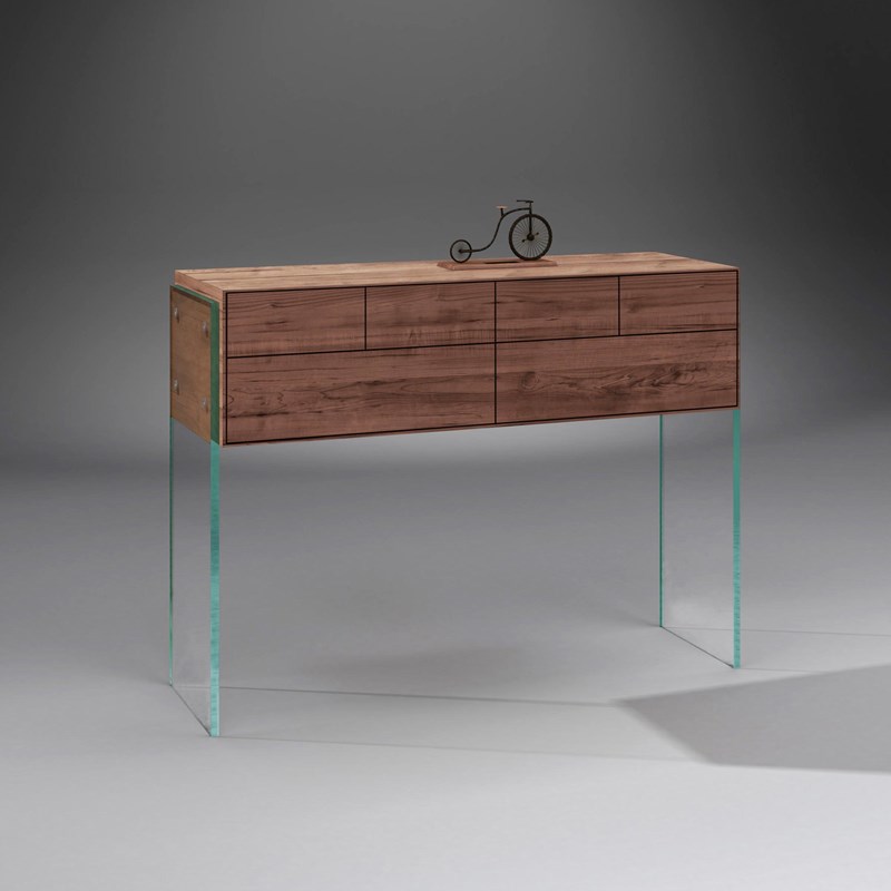 Solid wood console FLAIR 120 by DREIECK DESIGN: Glass OPTIWHITE + solid walnut