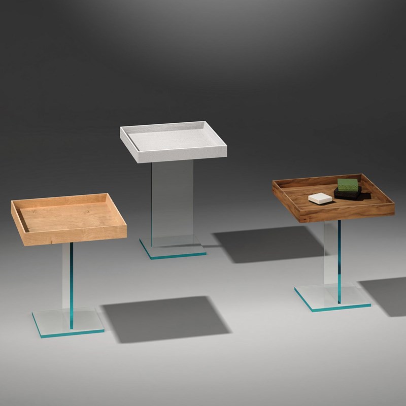 Glass side table COPAIN with removable wooden tray in oak / white colored / walnut