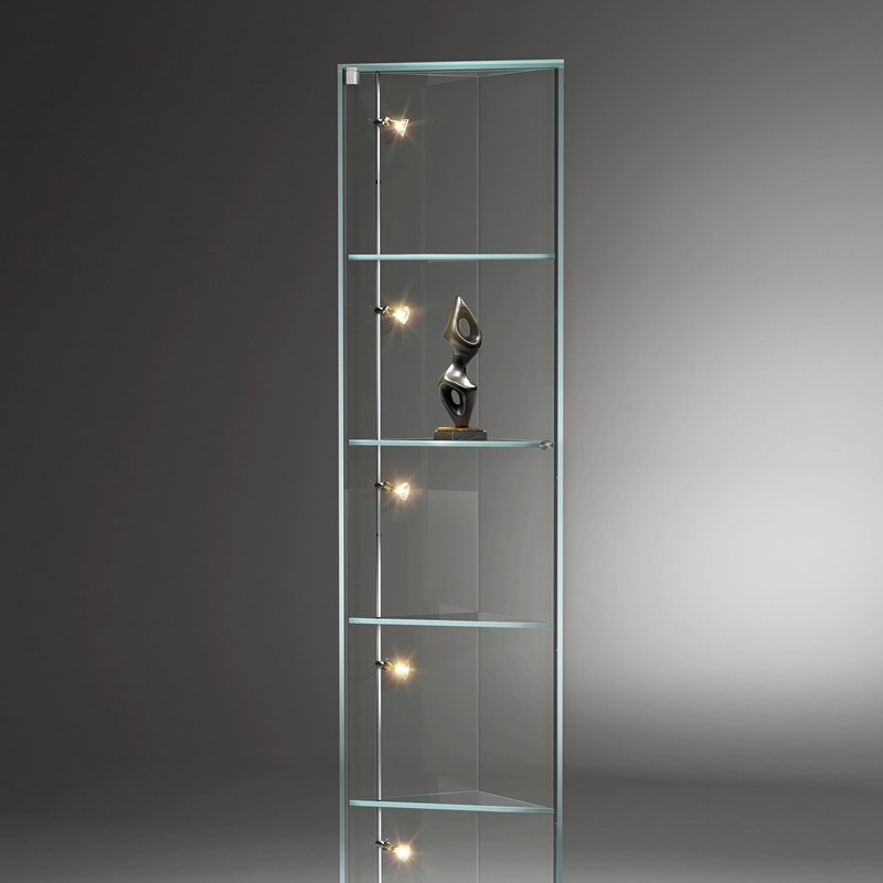 Triangular glass cabinet SOLUS by DREIECK DESIGN: (with halogen lighting) - door hinged on left - OPTIWHITE clear