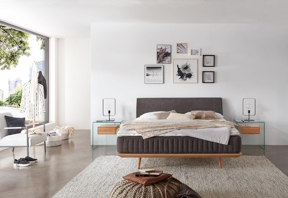 Glasnachttisch PURE FLY mit Massivholzschublade
