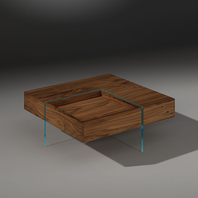Coffee table MONUMENT with two drawers and turnable tray - made of solid walnut - 95 x 95 x 36,5 cm