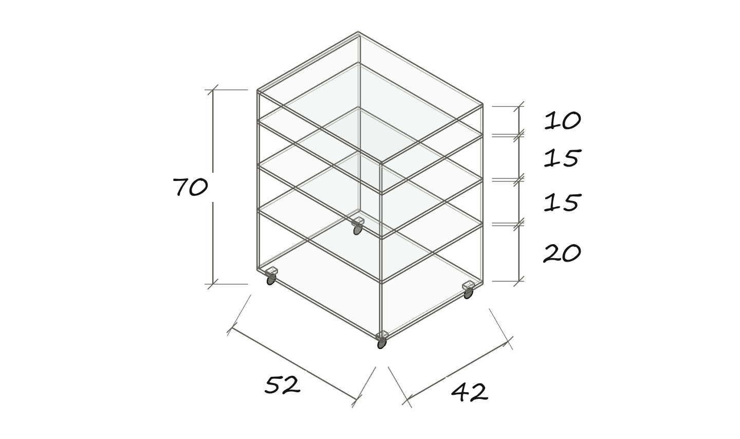 Isolated dimension drawing HIFI V/R: 52 × 42 × 70 cm · Clear compartment heights: 20 / 15 / 15 / 10 cm