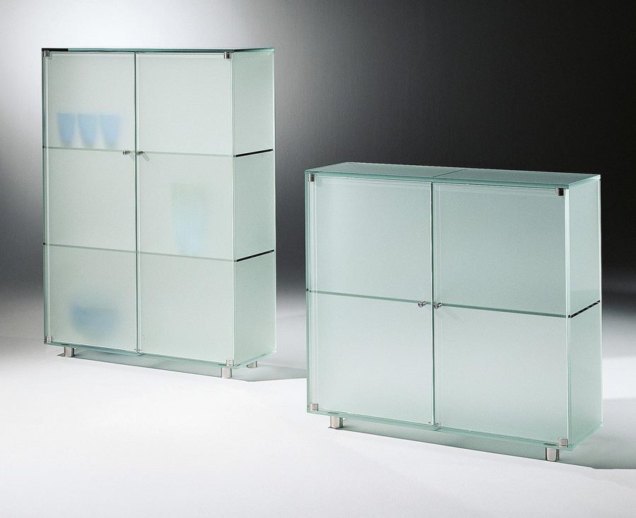 Two SHINE glass cabinets with satin-finished glass in different heights