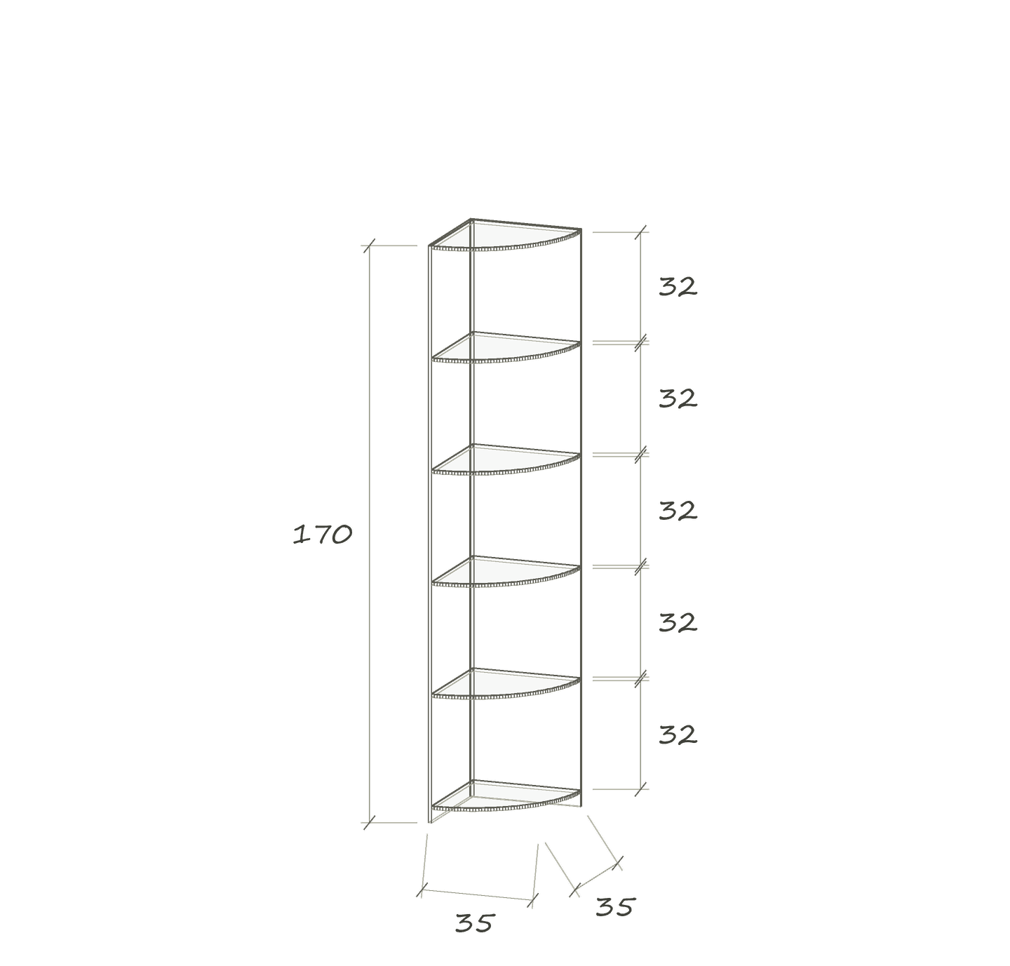 T IV E · 35 × 35 × 170 cm · Viertelkreis · Eckregal · Maße in cm