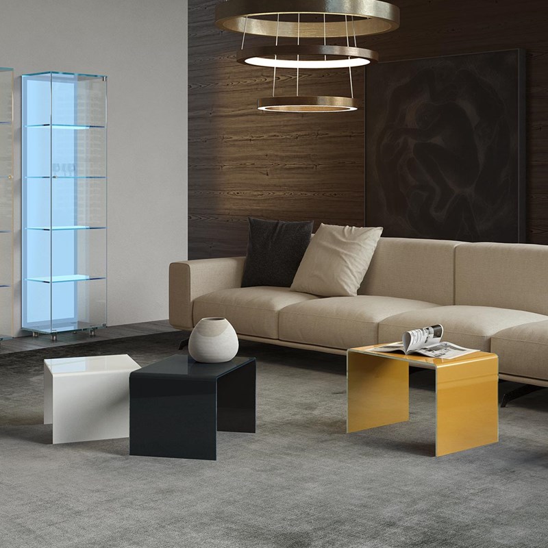 Glass nesting table ST06-1 + ST06-2 + ST06-3 by DREIECK DESIGN - OPTIWHITE color pure white, jet black and golden yellow