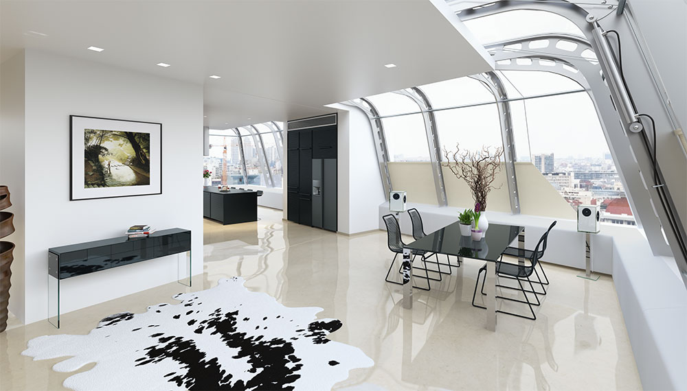 Wohnzimmer mit hellem Boden und dunklen Designermöbeln