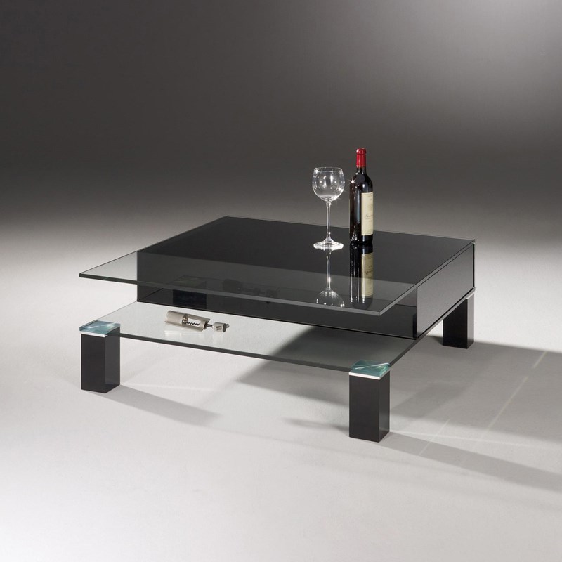 Glass cocktail table THEBEN by DREIECK DESIGN: THEBEN 99/2 (with two drawers) - FLOATGLASS partial color jet black
