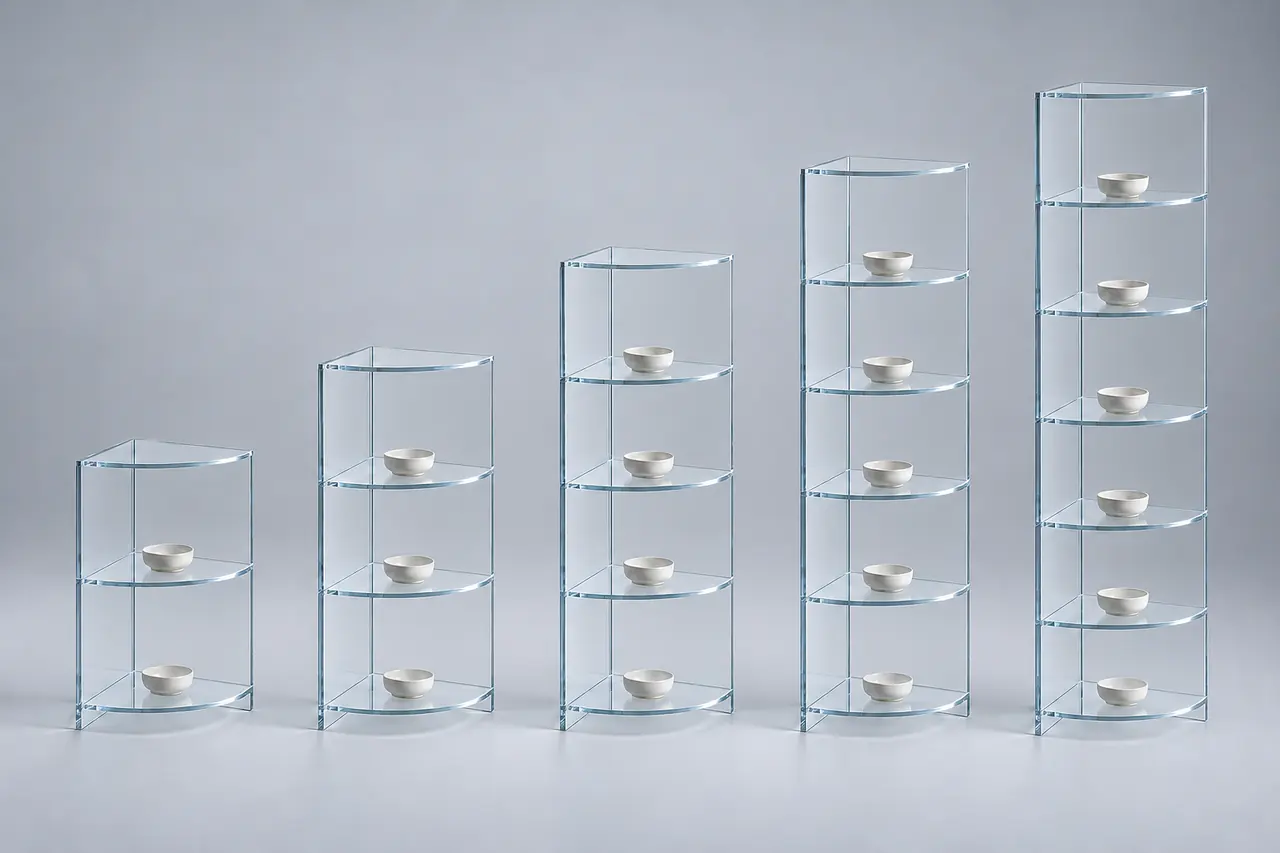 TOURELLE · Eckregal · Optiwhite · fünf Höhen im gemeinsamen Maßstab · Materialillustration