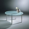 Round glass cocktail table SIRIUS by DREIECK DESIGN: S 1040 - FLOATGLASS satinated - C - Edge - table feet stainless steel brushed