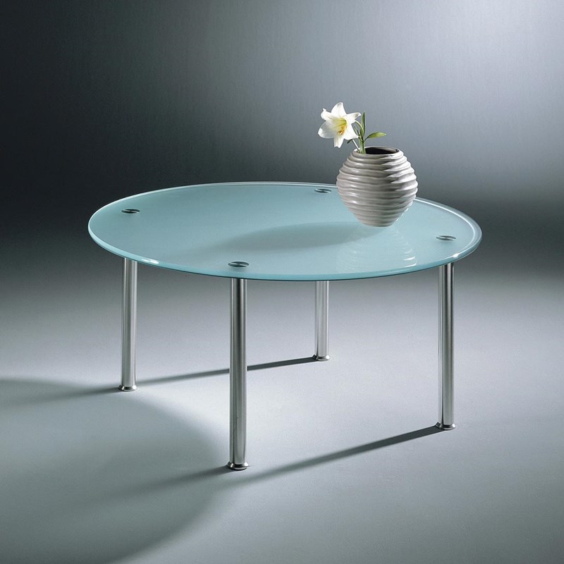 Round glass cocktail table SIRIUS by DREIECK DESIGN: S 1040 - FLOATGLASS satinated - C - Edge - table feet stainless steel brushed