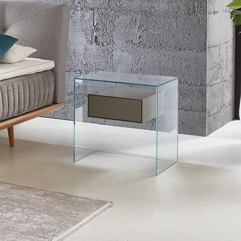 Glass nightstand PURE FLY by DREIECK DESIGN: Optiwhite glass - drawer lacquered concrete grey